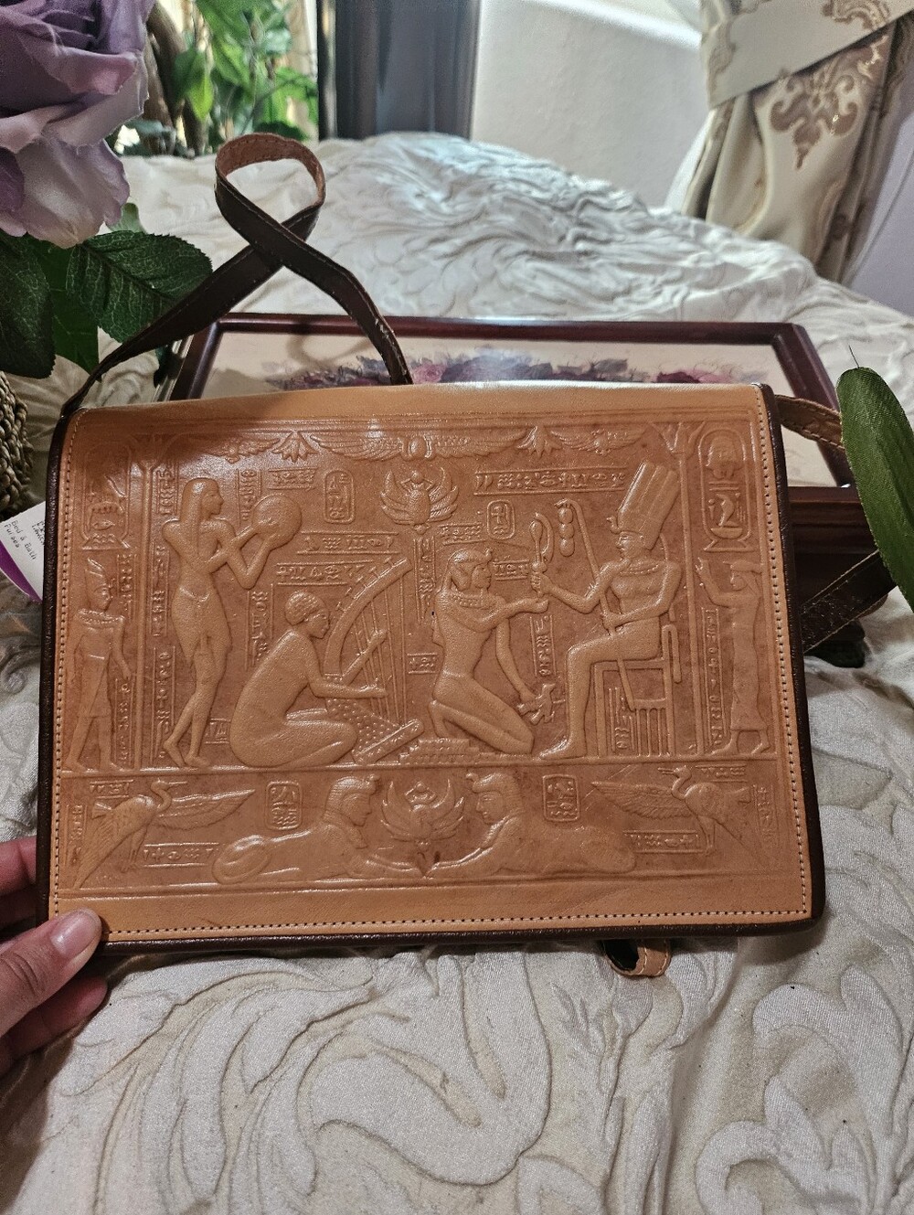 🩷 UNIQUE Egyptian Pharaoh Tan Leather Embossed Messenger Bag